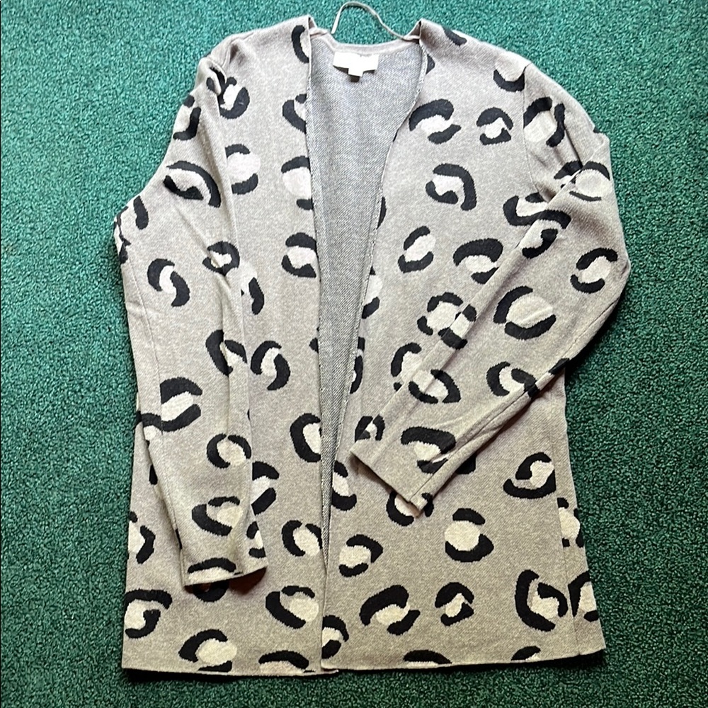 LOFT Gray and Black Cardigan Sweater with Leopard Print